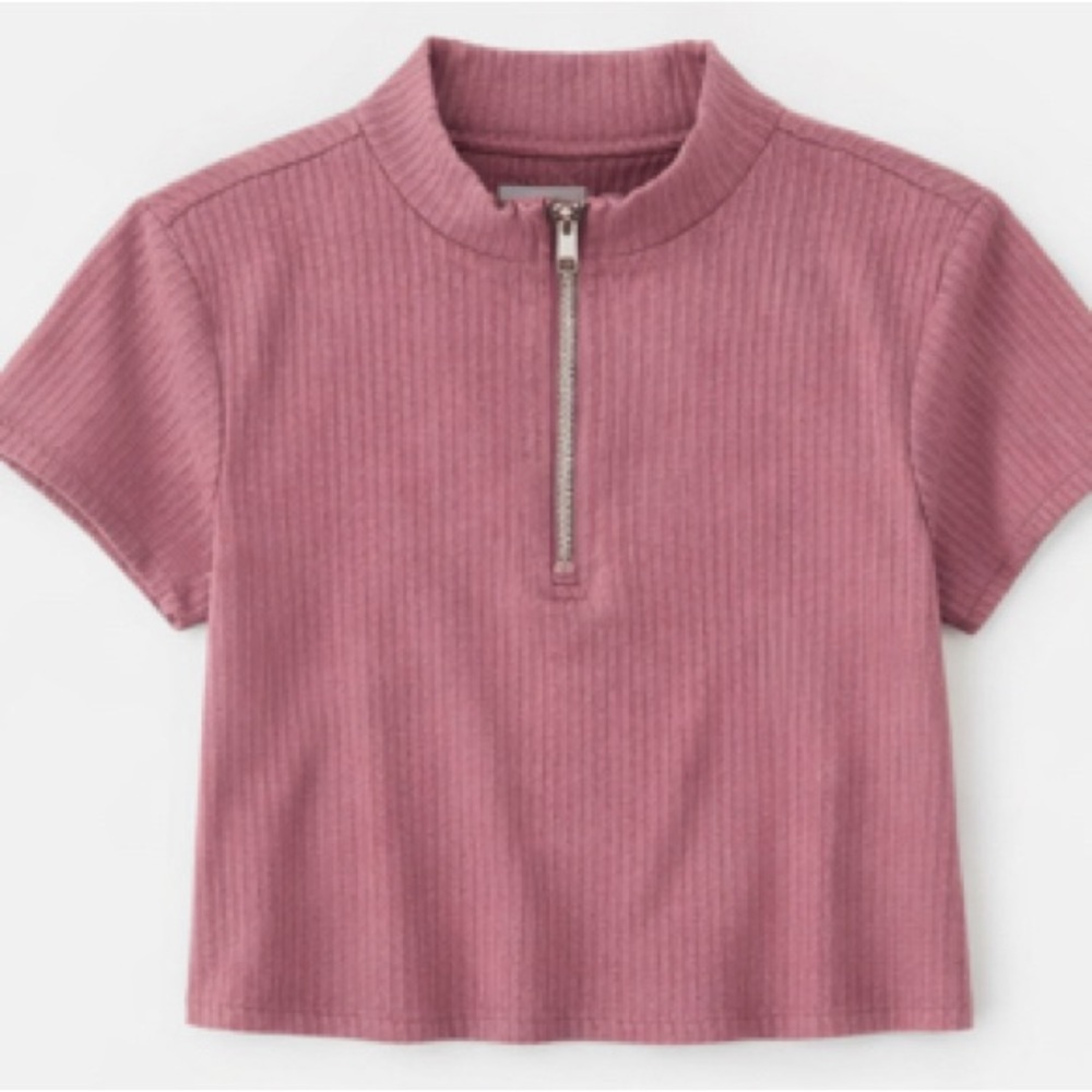 American Eagle Ribbed Quarter-Zip Cropped Top – Dusty Rose